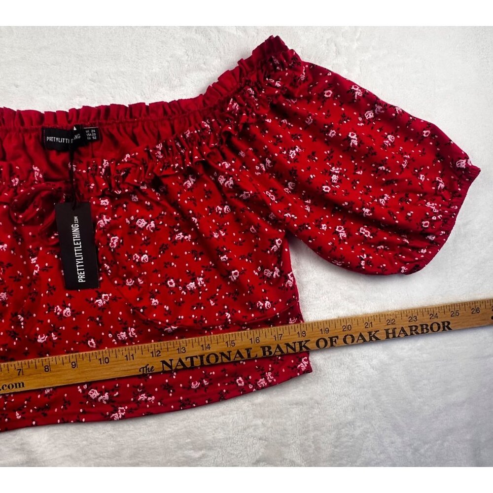 Pretty Little Thing Womens Off-shoulder Red Floral Ruffle Ruched Front Top Sz 20 - Picture 7 of 8